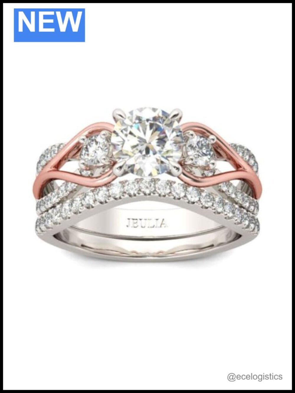 Sterling Silver Three Stone Halo Bridal Ring Set Rose Gold